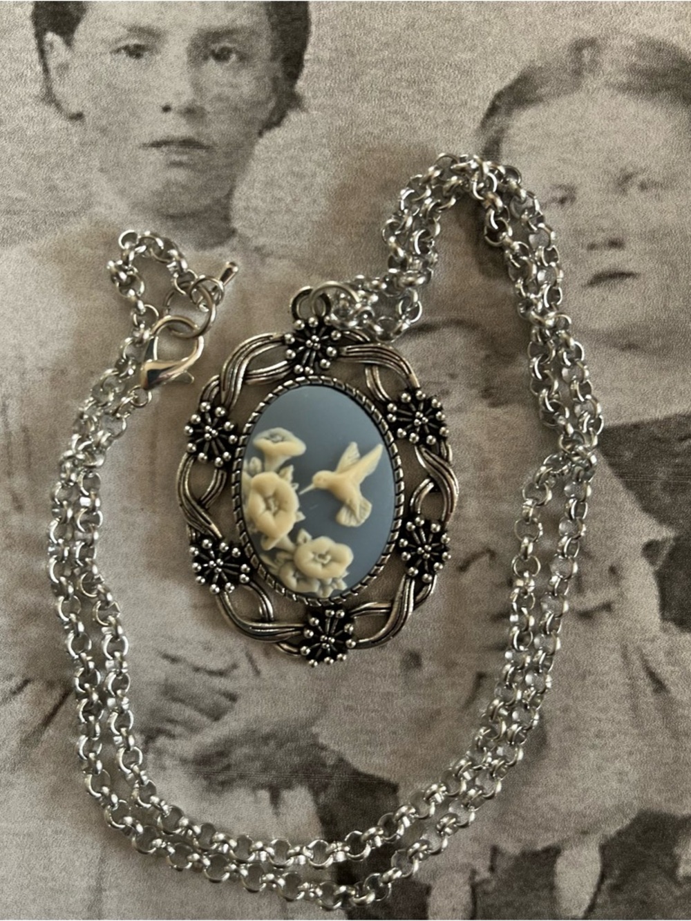 Hummingbird & Flowers Vintage Inspired Cameo Necklace Mothers Day Gift